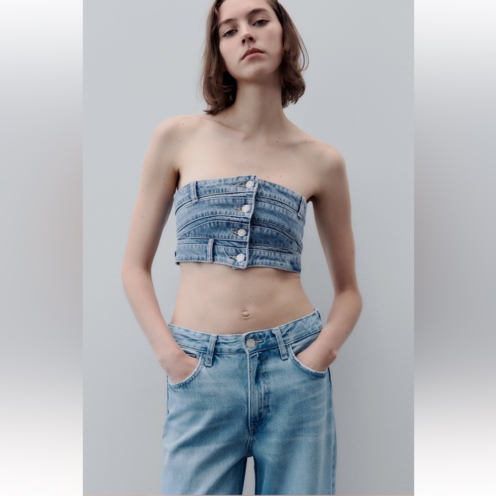 Zara Light Blue Denim Strapless Crop Top